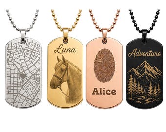Personalised Dog Tag Necklace Engraved Stainless Steel Pendant (Silver, Gold, Rose Gold, Black)