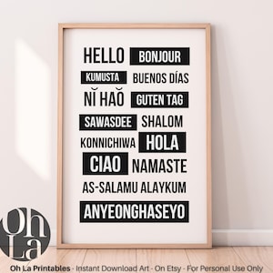 Könnte beinhalten: Ein druckbares Wandbild mit einem schwarz-weißen Grafikdesign mit den Worten "Hello", "Bonjour", "Kumusta", "Buenos Días", "Ni Hao", "Guten Tag", "Sawasdee", "Shalom", "Konnichiwa", "Hola", "Ciao", "Namaste", "As-Salamu Alaykum" und "Annyeonghaseyo".