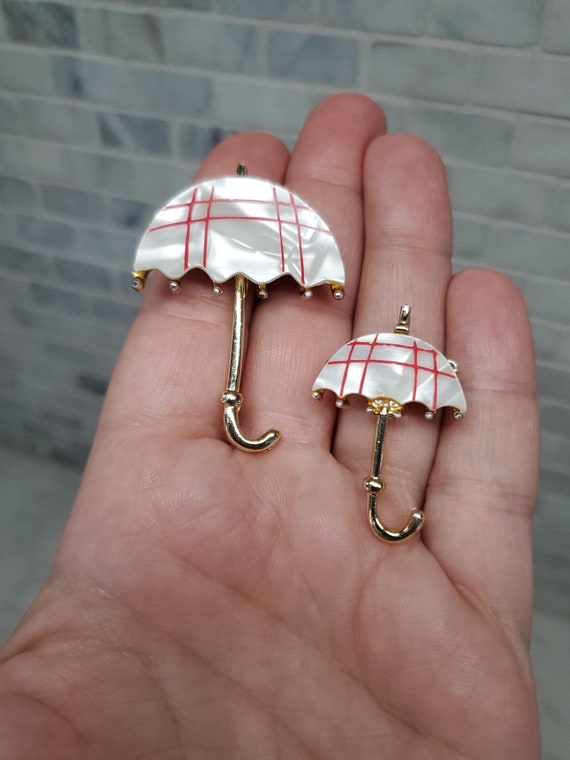 Vintage Mother of Pearl Red & White Umbrella Broo… - image 2