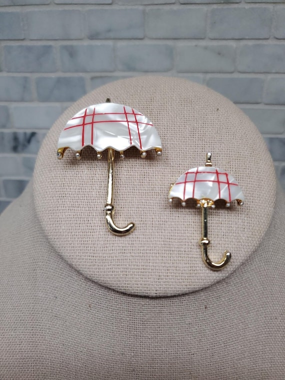Vintage Mother of Pearl Red & White Umbrella Broo… - image 1