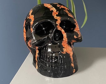 Skull ornanment, Black with copper foil resin skull, gothic homeware, replica skull, gothic gifts, skull paper weight, alternative gifts