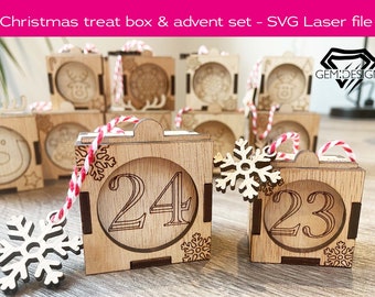 Christmas advent calendar box set SVG, 3 sizes, various designs, tags, laser cutting file, glowforge, raindeer and snowflake. 1/8 inch 3mm