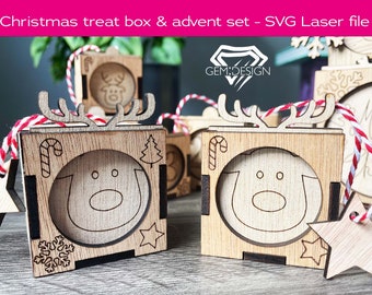 Christmas advent calendar box set SVG, 3 sizes, various designs, tags, laser cutting file, glowforge, raindeer and snowflake. 1/8 inch 3mm