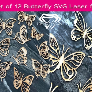 12 Schmetterling SVG Designs Datei, Schmetterling Wandkunst SVG, Schmetterling Laserdatei, Wandkunst SVG, 2D Schmetterlinge, Glowforge, Cnc, Laserschneiden
