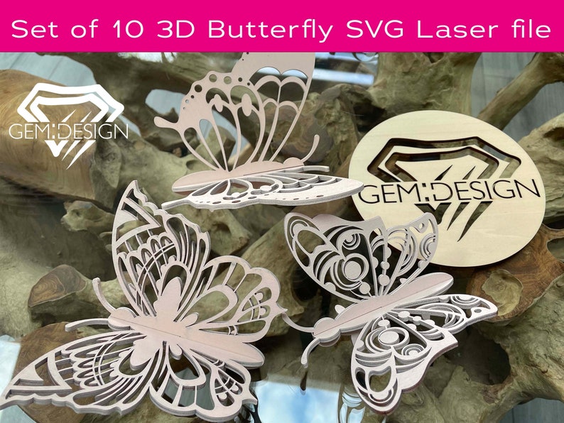 10 3D butterfly SVG file Butterfly art SVG butterfly laser file wall art SVG Butterflies Glowforge, Cnc, Intricate, 3mm image 1