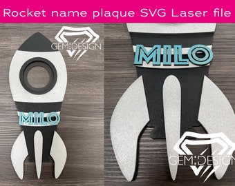 Rocket SVG laser file, name plaque, boys door name sign, Nursery, Glowforge, Cnc, wall art, bedroom decor, fun wall sign cutting files