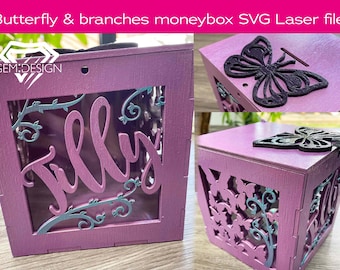 3D Schmetterling & Zweige Cutomisable Spardose SVG Datei, 3mm, 1/8inch, Laserdatei, Schmetterlinge, Glowforge, Cnc, Geburtstagsgeschenk, Geldbank
