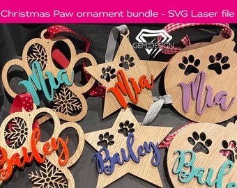 Christmas paw and pet ornament SVG laser cutting file bundle, cat, dog, tortoise, turtle, rabbit,  glowforge, christmas best seller