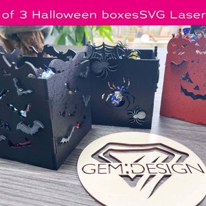 May include: Set of three Halloween treat boxes made of wood. The boxes are decorated with bats, spiders, and a jack-o'-lantern. The boxes are ready to be assembled and personalised.