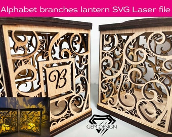 Baumzweige Alphabet Windlicht oder StiftTopf Set SVG Datei, 3mm, 1/8inch, Teelicht, Laserdatei, Leuchtbox, Glowforge, Fluss, anpassbares Geschenk