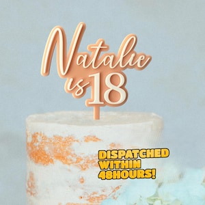 Image of a cake topper saying Natalie is 18, on a peach background. Its on a beautiful cream cake