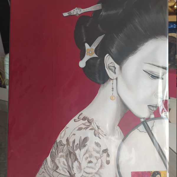 Peinture à l’huile originale de geisha japonaise sur toile - originale et unique - Tatouage peint à la main huile faite à la main sur toile