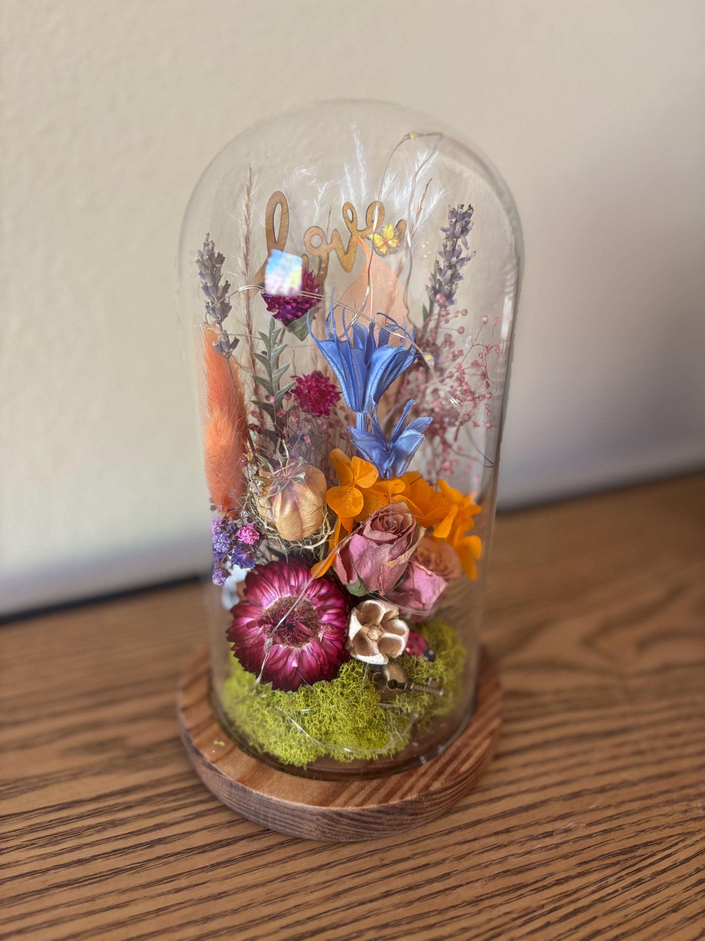 Dried Flower Glass Dome Cloche With Fairy Lights: Personalized Floral ...