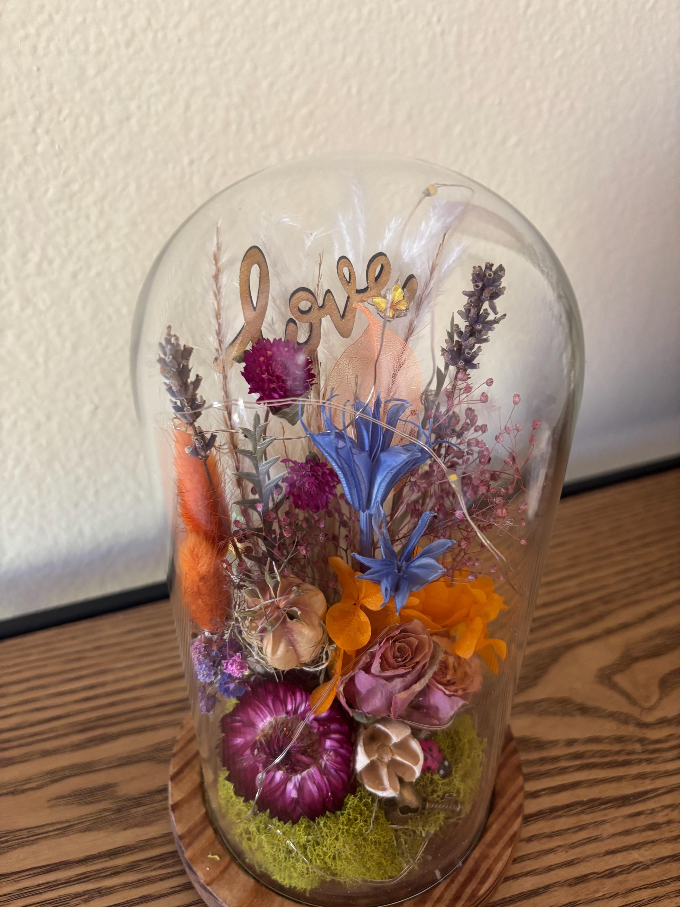 Dried Flower Glass Dome Cloche With Fairy Lights: Personalized Floral ...