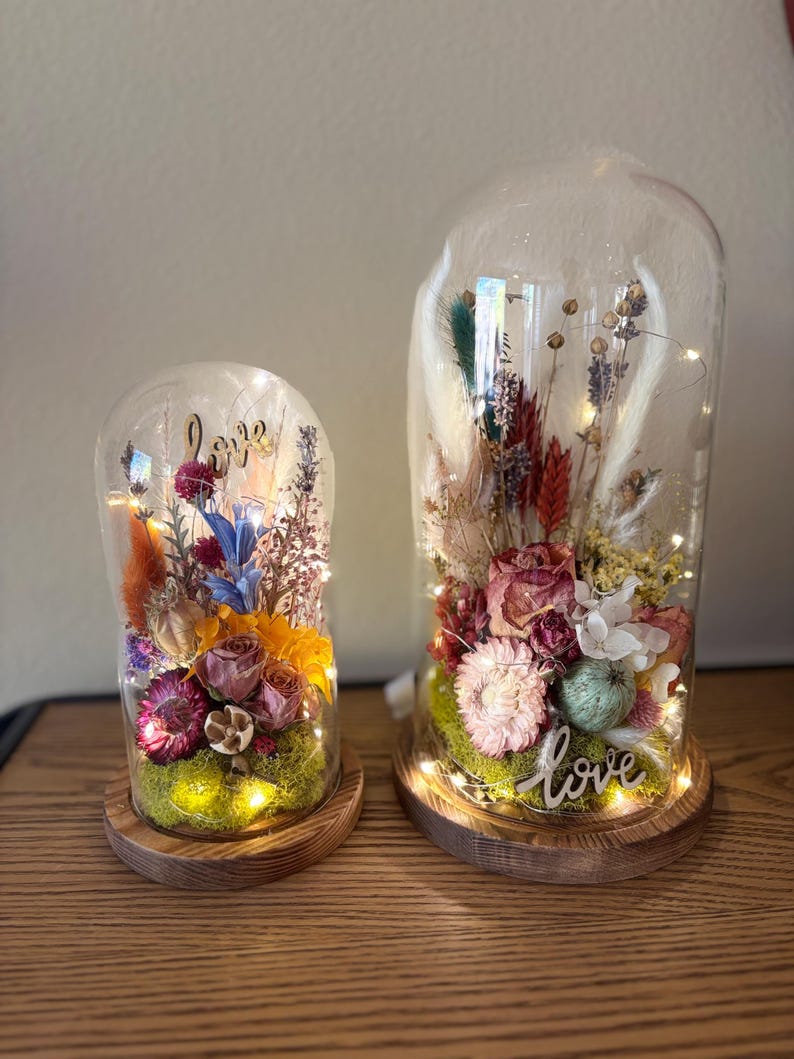 Dried Flower Glass Dome Cloche With Fairy Lights: Personalized Floral ...