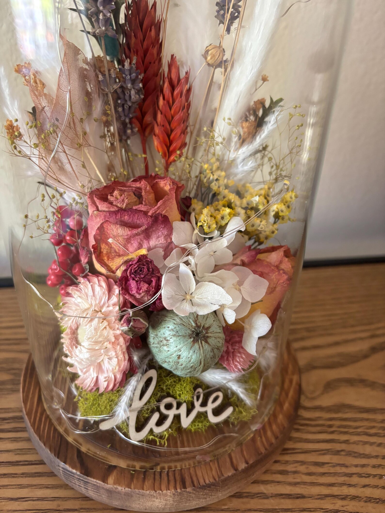 Dried Flower Glass Dome Cloche With Fairy Lights: Personalized Floral ...