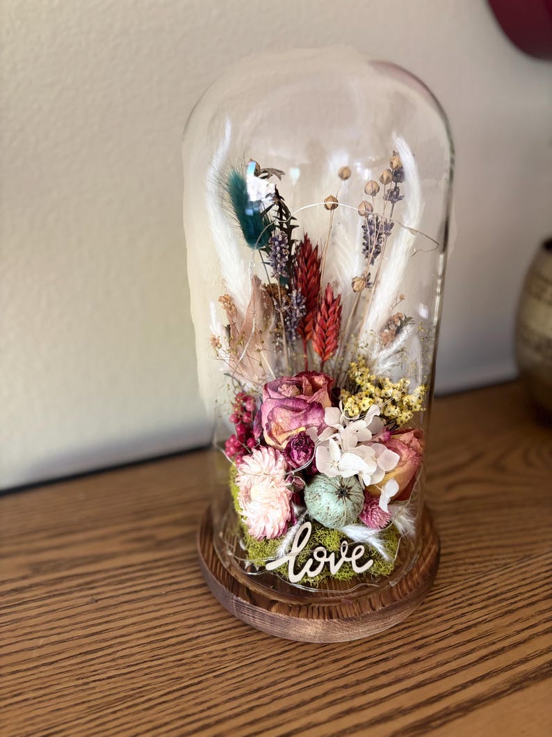 Dried Flower Glass Dome Cloche With Fairy Lights: Personalized Floral ...