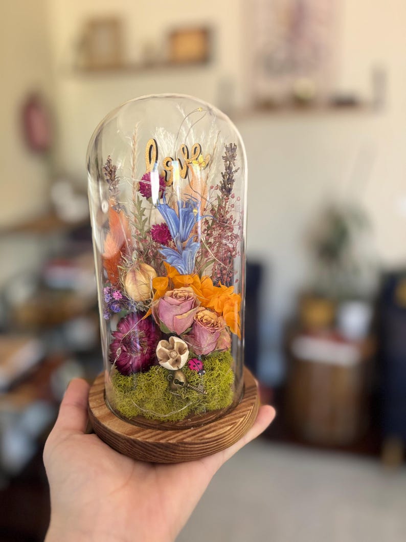 Dried Flower Glass Dome Cloche With Fairy Lights: Personalized Floral ...
