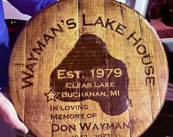 Custom Your Lake House Starred Location - Gift on a Bourbon/Whiskey Laser Engraved Barrel Head