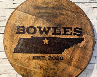 Custom Laser Engraved Bourbon Barrel Head: State, City, Name, Date