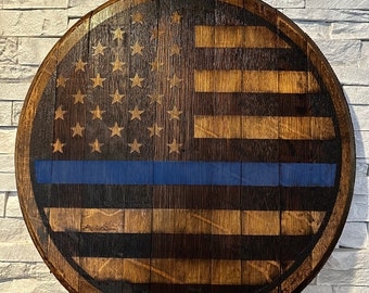 USA American Thin Blue Line Flag Bourbon Whiskey Laser Engraved Barrel Head