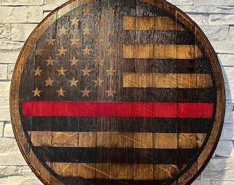 USA American Thin Red Line Flag Bourbon Whiskey Laser Engraved Barrel Head