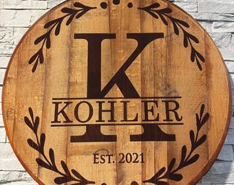 Custom Wedding - Anniversary - Monogram - Bourbon/Whiskey Laser Engraved Barrel Head