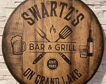 Custom Your Name Bar and Grill Bourbon/Whiskey Laser Engraved Barrel Head