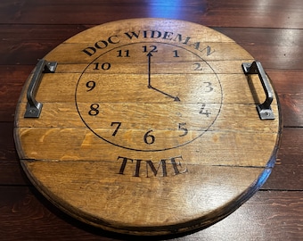 Custom Bourbon Barrel Head Serving Tray: Laser Engraved with Cast Iron Handles