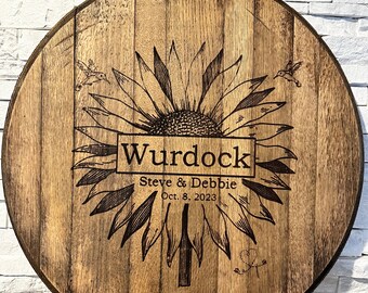 Custom Laser Engraved Bourbon Barrel Head: Wedding Anniversary Guest Book