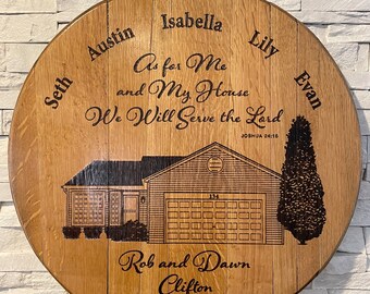 Custom Laser Engraved Home Portrait on Bourbon Barrel Head