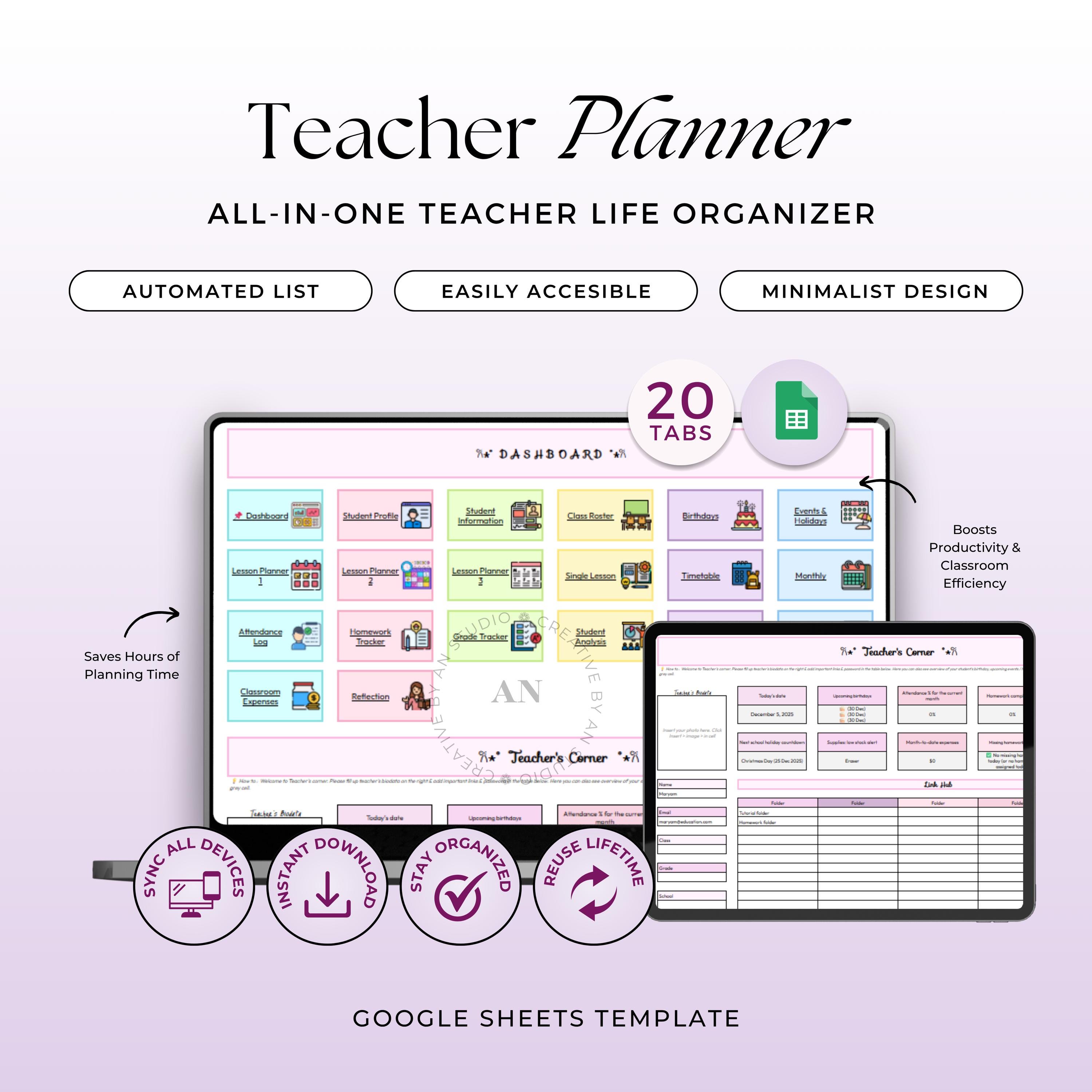 Teacher Planner, Google Sheets Template, Class Lesson, Grade & Attendance Tracker (Digital Download)
