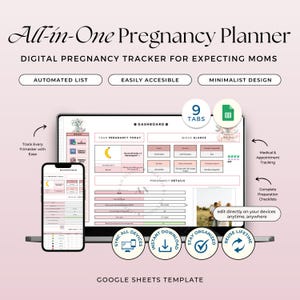 Può includere: Un pianificatore di gravidanza digitale visualizzato su un laptop e uno smartphone. Il pianificatore include funzionalità come un elenco automatizzato, facile accesso e un design minimalista. Il testo sullo schermo recita "All-in-One Pregnancy Planner".