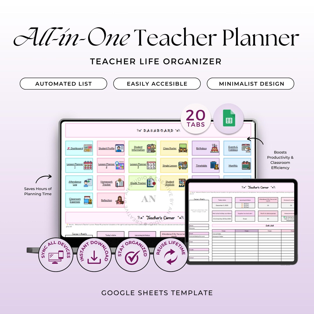 All-in-one Teacher Planner, Google Sheets Template, Class Lesson, Grade ...