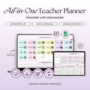 May include: A digital teacher planner shown on a tablet and a smaller device. The planner has an automated list, is easily accessible, and has a minimalist design. The text on the screen says "All-in-One Teacher Planner" and "Teacher Life Organizer".