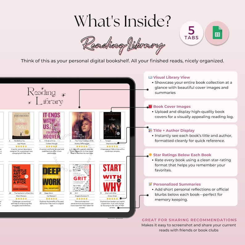 Digital Book Tracker, Google Sheets Template, Reading List, Library ...