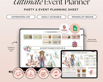 Pode incluir: Modelo de planejador de eventos digital com o texto "Ultimate Event Planner". A imagem mostra um tablet e um telefone exibindo o painel do planejador, com seções para planejamento de festas e detalhes do evento. Inclui uma lista automatizada e design minimalista.