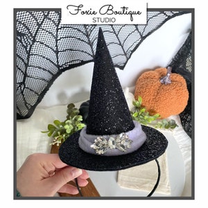 6.25”or5.5” Black Glitter Witch Hat Headband,Witch Hat,Halloween Costume,Halloween Headband,Witch Hair Accessory,Witch Costume