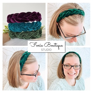 May include: A selection of braided velvet headbands in shades of purple, teal, and green. The image also shows a woman wearing a green braided headband. The text "Foxie Boutique STUDIO" is displayed in the center of the image. These headbands are a stylish hair accessory.