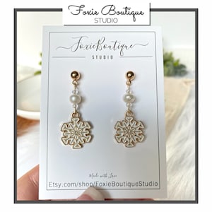 White and Gold Enameled Snowflake W/Pearl Bead Earrings,Earrings,Holiday Jewelry,Holiday Gift,Earrings,Snowflake Jewelry,Winter Earrings
