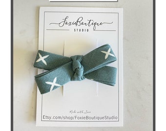 Teal with Ivory Pluses Crisscross Bow with Knotted Center Hair Clip or Headband
