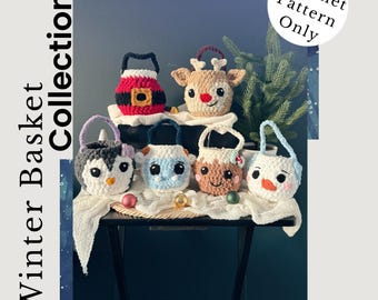May include: A collection of six crocheted baskets featuring winter-themed characters including a Santa suit, reindeer, penguin, yeti, pudding, and snowman. The text Winter Basket Collection and Crochet Pattern Only PDF File is visible.