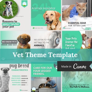 Könnte beinhalten: Eine Collage von Bildern, die tierärztliche Dienstleistungen bewerben. Die Bilder zeigen Hunde, Katzen und einen Tierarzt, der einen Hund untersucht. Der Text enthält "Tierklinik", "Gründe für die Kastration/Sterilisation Ihres Haustieres", "Wir kennen Haustiere von innen und außen", "Wir hören Ihnen zu, wir sprechen mit den Tieren", "Ihre Haustiere verdienen die beste tierärztliche Versorgung", "Sorge für unsere vierbeinigen Freunde", "Eigenschaften der Mopsrasse", "Wesentliche Ausrüstung für die Katzenpflege", "Erstellt mit Canva", "Halten Sie Ihr Haustier auf dem Weg zum Wohlbefinden".