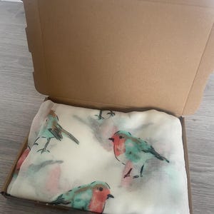 May include: A patterned scarf featuring robins, presented in a brown cardboard box. The scarf has a white background with illustrations of robins in teal and red. The box is open, showing the scarf inside.