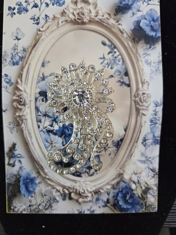 Elegant Vintage Rhinestone Brooch Pin and card- mothersday, birthday, special gift, blue card