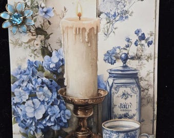 Pendientes vintage de esmalte floral azul con cierre de rosca y tarjeta.