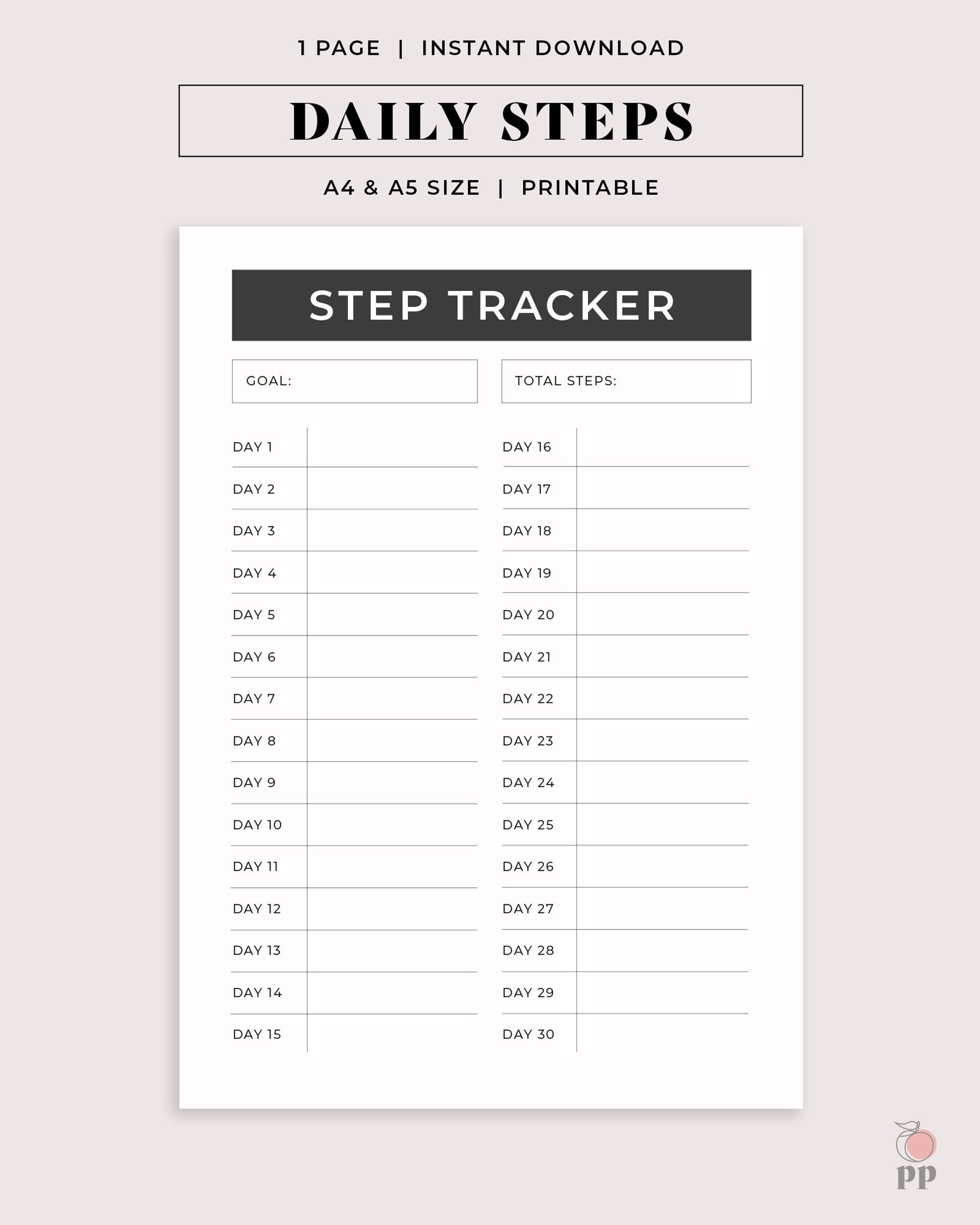 Daily Step Tracker Black Printable PDF A4 & A5 Etsy