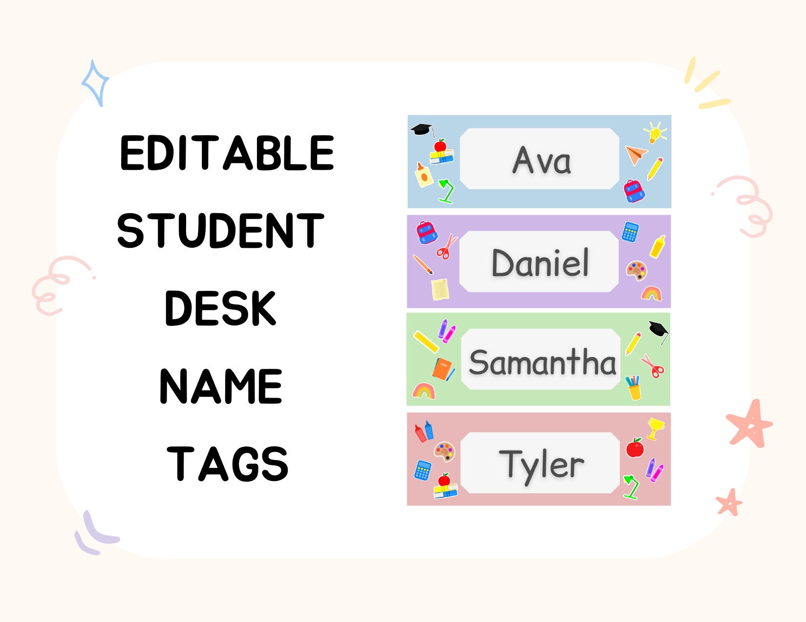 Editable Student Desk Name Tag School Supply Themed Etsy
