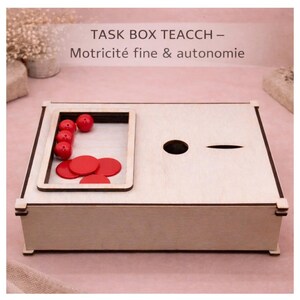 Può includere: Una scatola di legno per compiti con sfere e dischi rossi. La scatola ha un'apertura rettangolare con cornice, un foro circolare e una fessura. Il testo "TASK BOX TEACCH - Motricité fine & autonomie" è in alto.