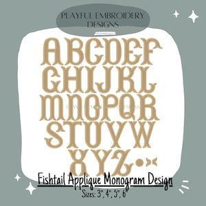 Fishtail Applique Monogram Design, Satin Stitch Fishtail Applique Machine Embroidery Font, 3&quot;, 4&quot;, 5&quot;, 6&quot; font size, BX Monogram Font